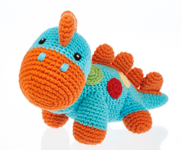fair trade handmade baby dinosaur toy in turquoise blue and orange spines, feet and mouth.